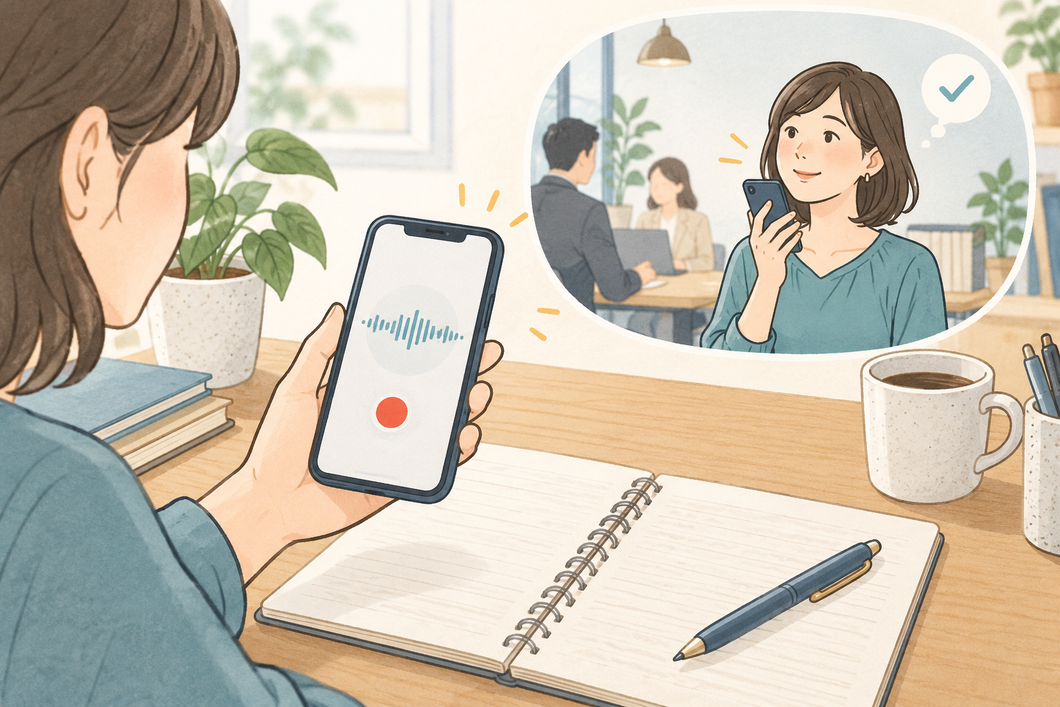 スマートフォンで会話や自分の気づきを音声メモに残すイメージ