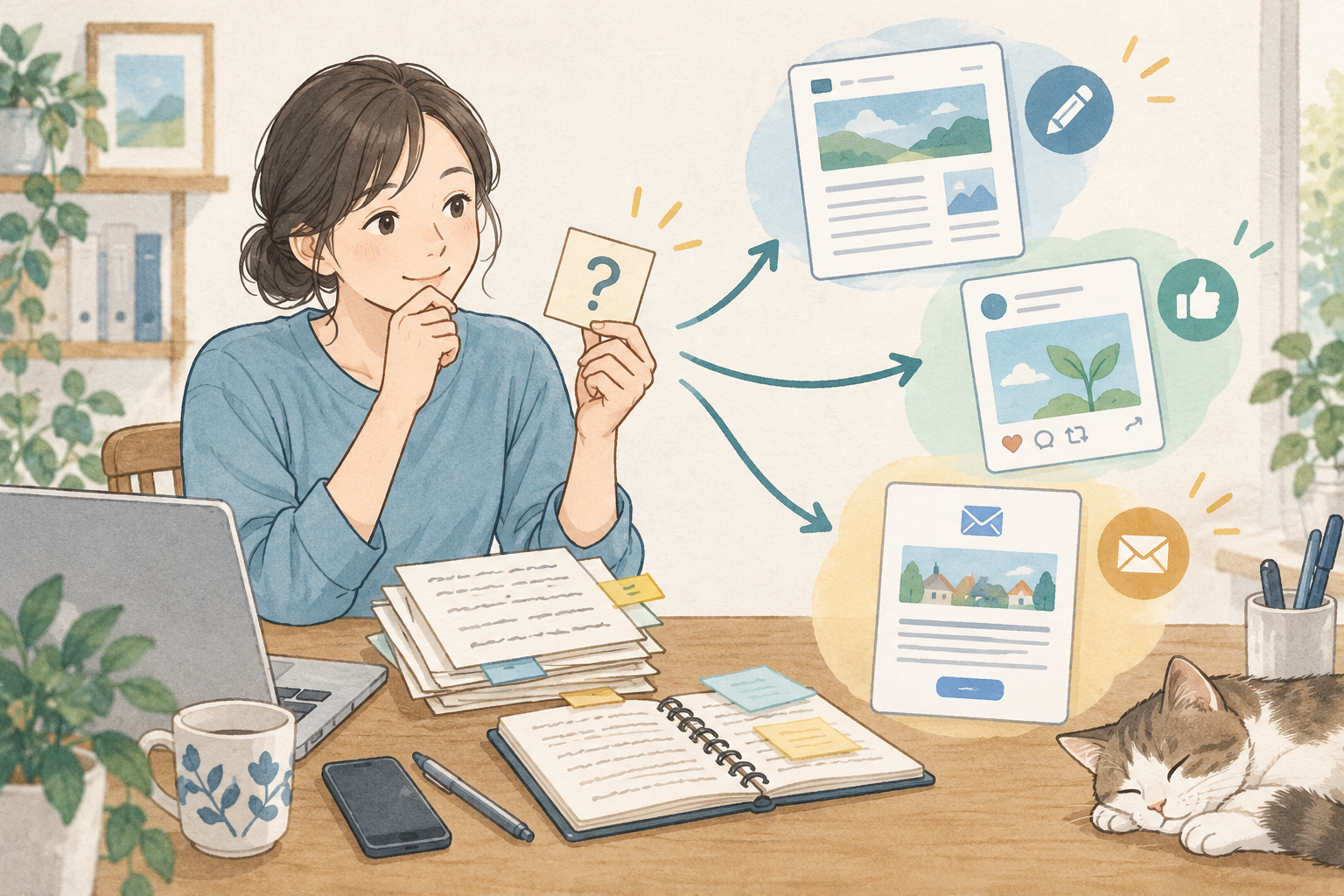 日々の記録からブログやSNS、お知らせの材料を見つけるイメージ