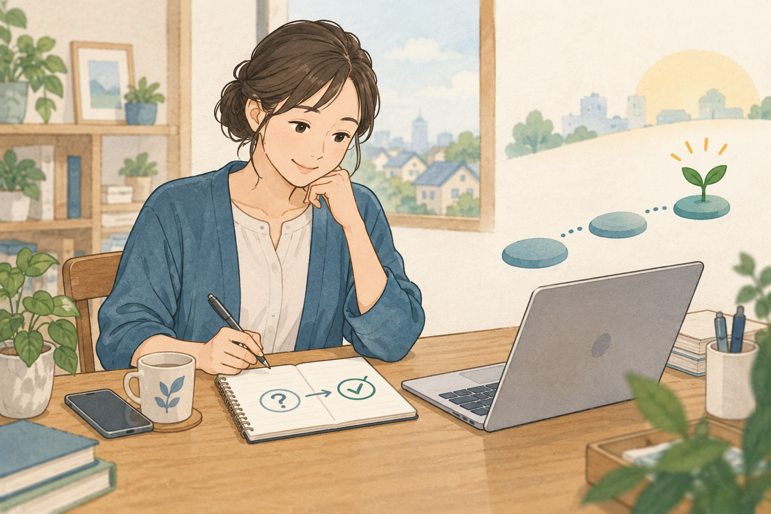 まず一つの質問を残し、小さな一歩からAI活用を始めるイメージ
